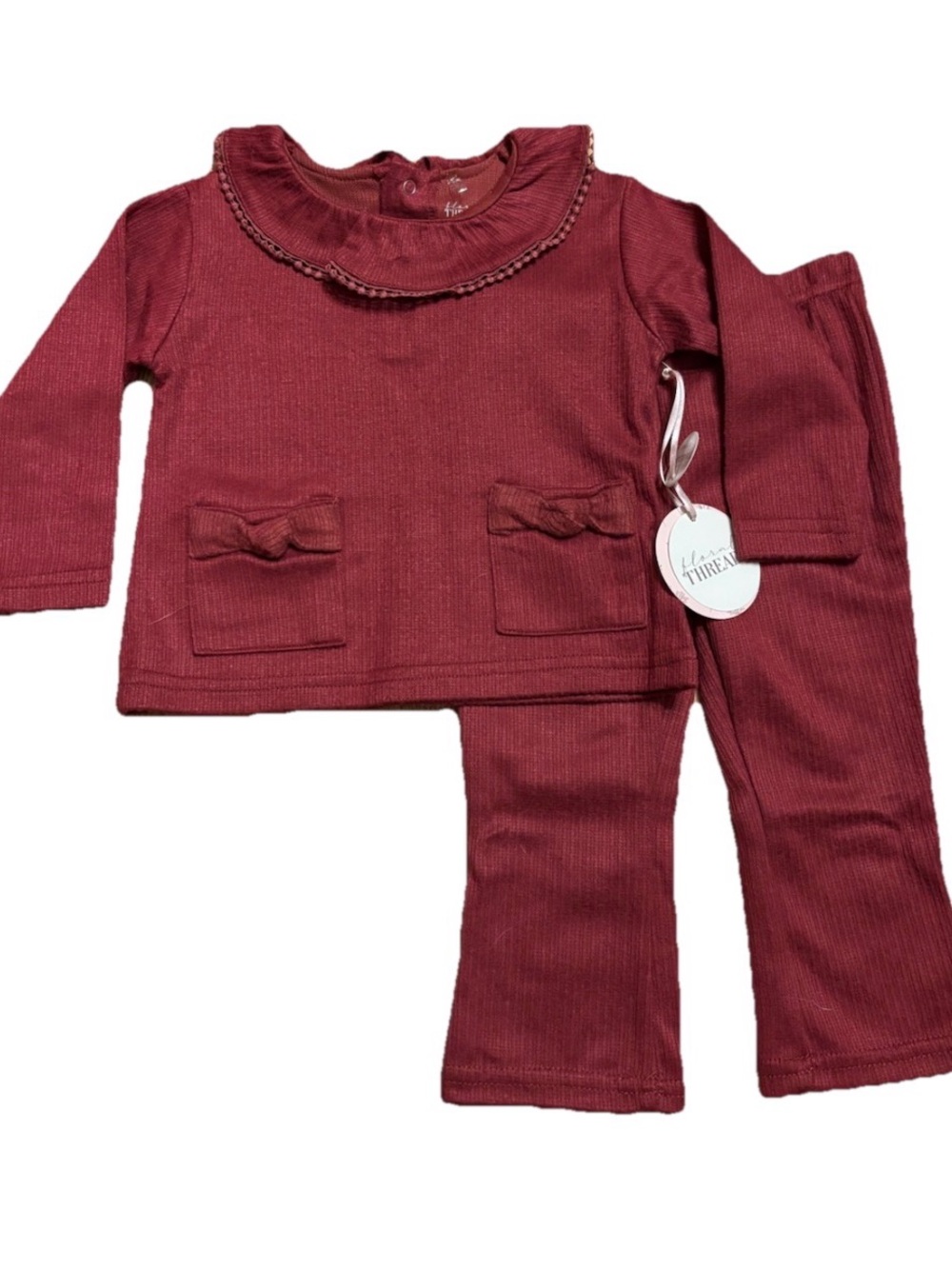 Floral Threads Baby Girls 2-Piece Ribbed Long Sleeve Pants Set - Burgundy - 18M